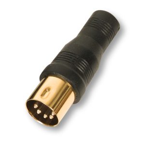A gold-plug 5-pin DIN to 3.5mm audio adapter.