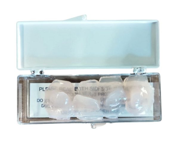 A plastic case with a set of white ice cubes and Insta-Putty Earplugs.