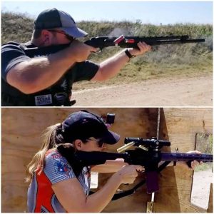 Two pictures of a man and a woman shooting a rifle wearing ear protection.