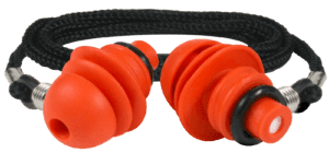 A pair of orange ear plugs with a black cord.