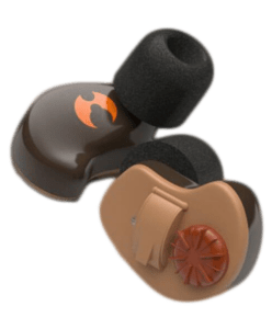 A pair of brown and black earphones featuring E.A.R. Customized Hearing technology on a clear background.