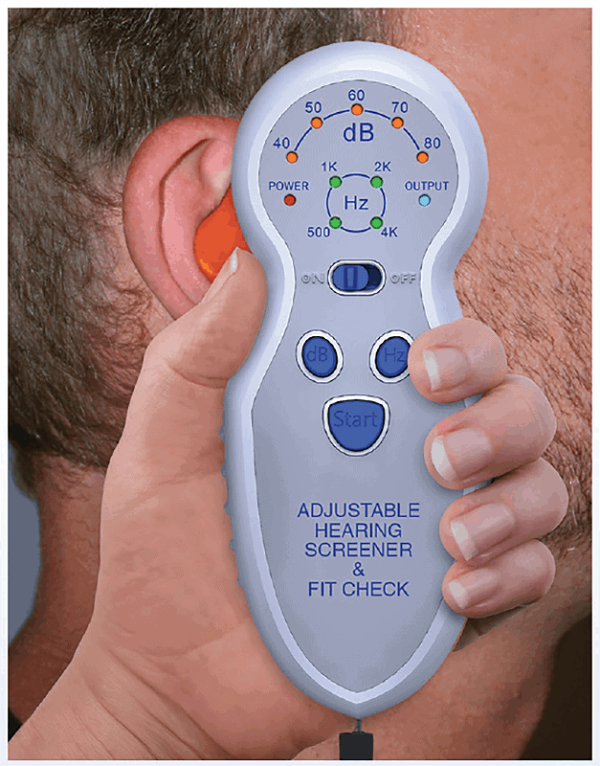A man is holding an Adjustable Hearing Screener & Fit Checker to his ear.