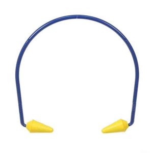 A pair of blue and yellow E-A-R/3M Caboflex Model 600 ear plugs on a white background.