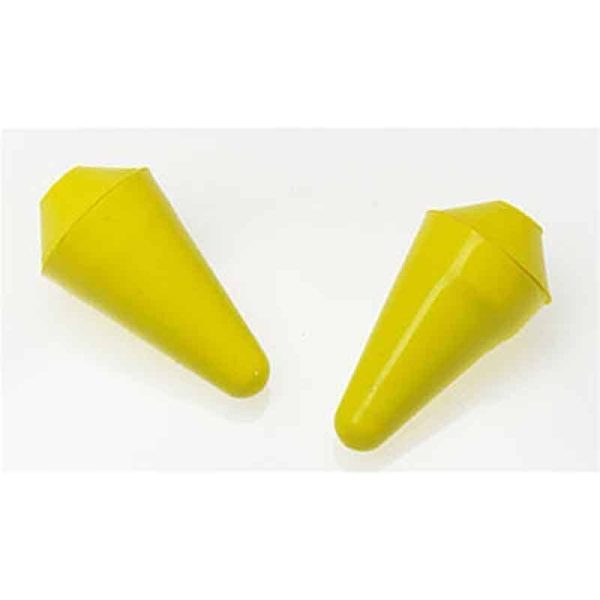 Two yellow plastic earplug tips on a white background, E-A-R/3M Caboflex Model 600.