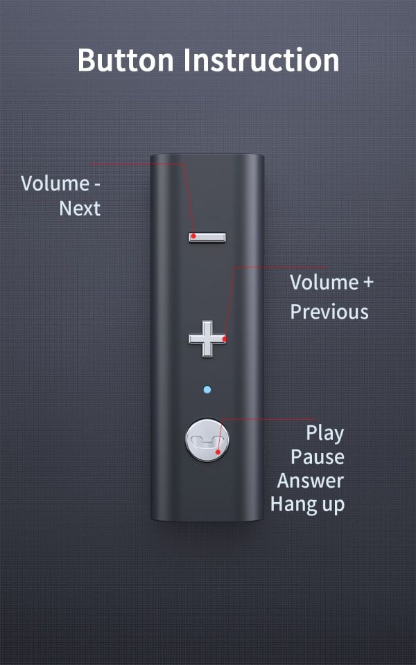 Bluetooth Adapter Buttons- Volume Down/Next, Volume Up/Previous, Play/Pause/Answer/Hang up