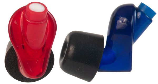 A red, blue, and black E.A.R. MHS™ 360 Electronic Earplug Accessories with a red handle.