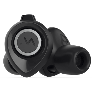 A pair of black earphones with a logo on them designed for minuendo.