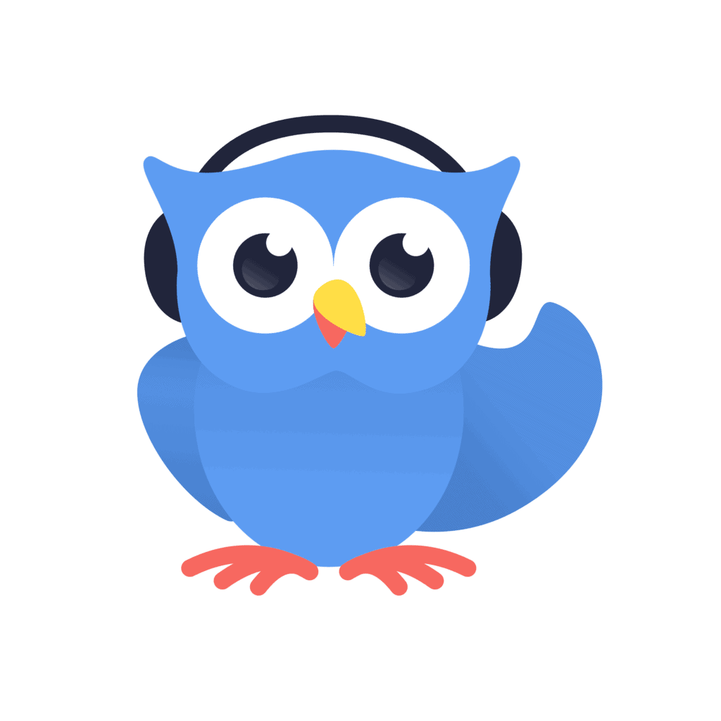 A blue owl wearing headphones promoting the free trial of Audio Cardio app.