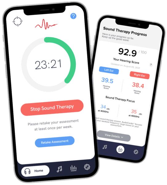 A smartphone with a free trial of the Audio Cardio app, designed for sound therapy.