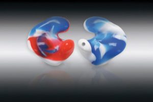 A pair of red, white and blue custom-fit earplugs.