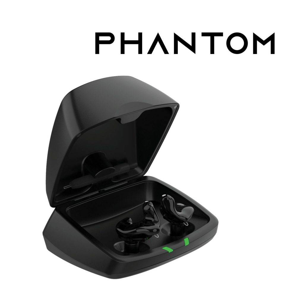 An image of black Soundgear Phantom hearing aids in a black case.