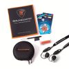 Shows the soundgear phantom electronic earplugs items included in kit, batteries, cleaning, lanyard