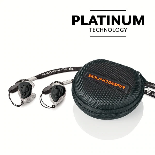 Soundgear Platinum technology hearing aids picutred with case and cord