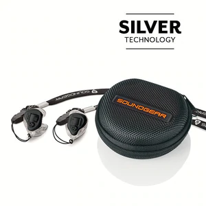 Soundgear Silver technology hearing aids picutred with case and cord2