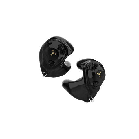 A close-up of black Soundgear Phantom hearing aids.