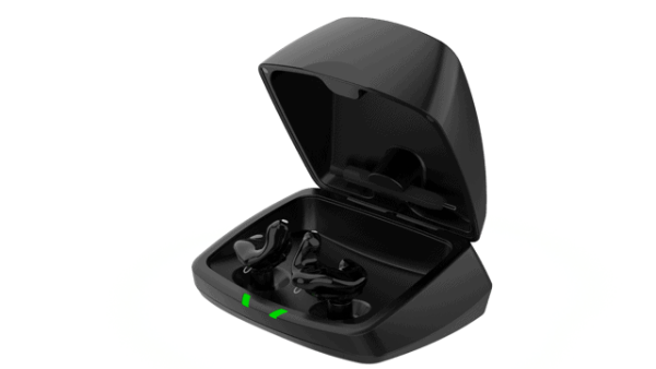 An image of black Soundgear Phantom hearing aids in a case.