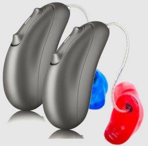 A pair of E.A.R. Customized Hearing aids on a white background.