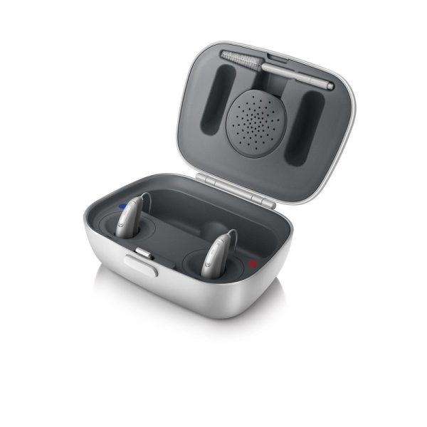 QuickFit Charger case open showing Multifunctional QuickFit MF Pro-Hearing Aid