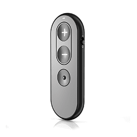 A remote control for Multifunctional QuickFit MF Pro-Hearing Aid with two buttons on it.