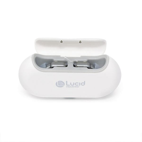 A white earphone case with the word Lucid Hearing on it.