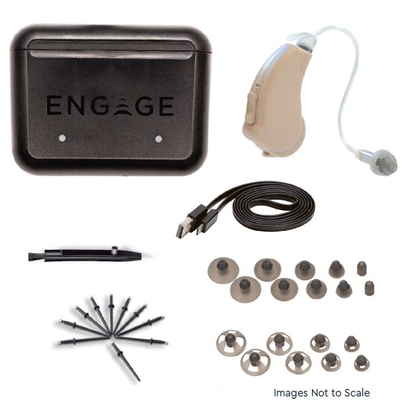 ENGAGE RECHARGEABLE RIC hearing Aids with cord, 9 pairs assorted ear tips, Cleaning tool, #13 batteries, 10 wax stops, User manual