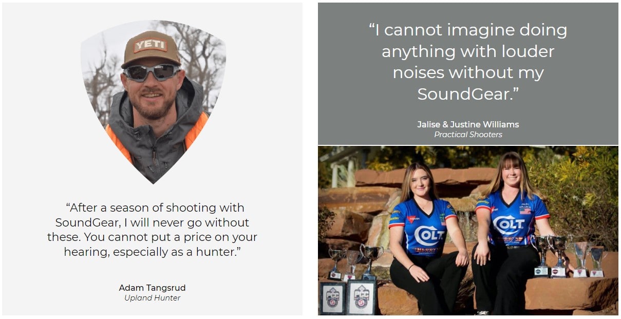 Professional shooters sitting with 6 trophy cups saying how much they rely on SoundGear to protect their hearing.