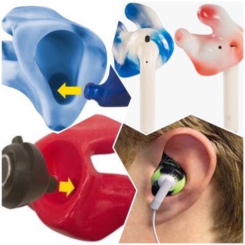 Earbuds and earphones are shown in a series of pictures of custom sleeves