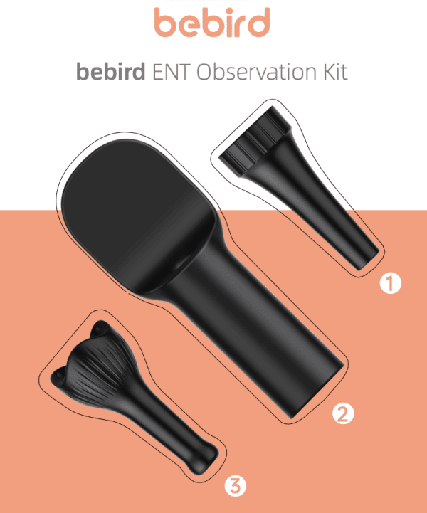 EAR/BeBird ENT Observation Kit add-ons for digital otoscopes, including the ear observation cover, the tongue depressor and the nasal observation cover for use by health professionals.