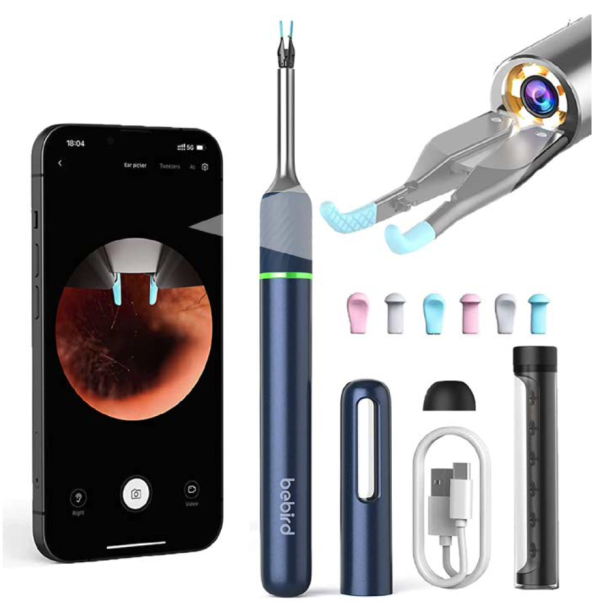 The EAR/BeBird Note 5 PRO EAR digital otoscope kit. The innovative tweezer tip is shown with 6 alternate spoon tips, charging cord and tip case. Connects to the IoT throught the user-friendly BeBird App to display real-time video.