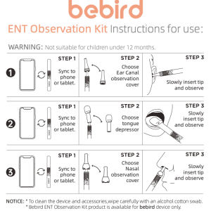 Step-by-step ENT Observation Kit Instructions detailing how to use the ear canal cover, the tongue depressor and the nasal observation cover.