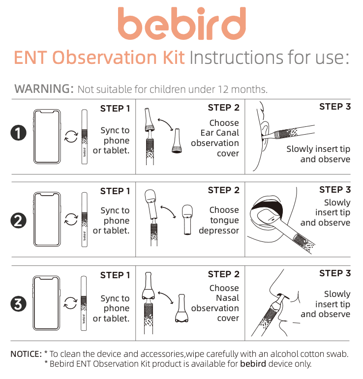 Step-by-step ENT Observation Kit Instructions detailing how to use the ear canal cover, the tongue depressor and the nasal observation cover.