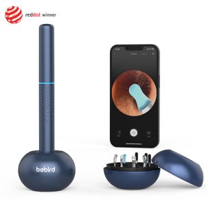 EAR/BeBird M9-S digital otoscope, extra tips in a round case and smartphone showing ear canal