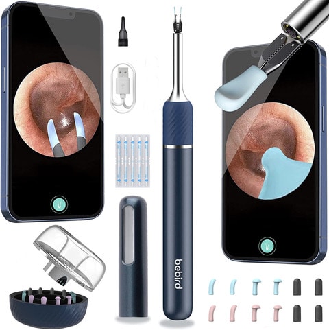 Note 5 Pro digital otoscope with tweezers, extra tips and round case, charging cord, hood and cleaning swabs.