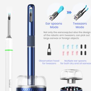 Note5 otoscope by EAR/BeBird product is sitting in it's stand. The tip is shown in ear spoons mode and tweezers mode. The stand is shown as a holder for alternate spoons.