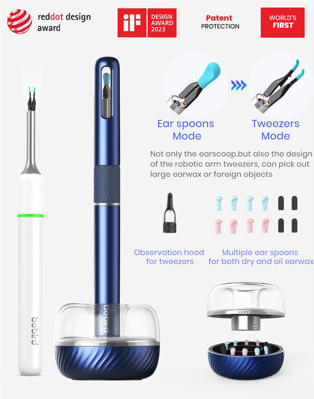 Note5 otoscope by EAR/BeBird product is sitting in it's stand. The tip is shown in ear spoons mode and tweezers mode. The stand is shown as a holder for alternate spoons.