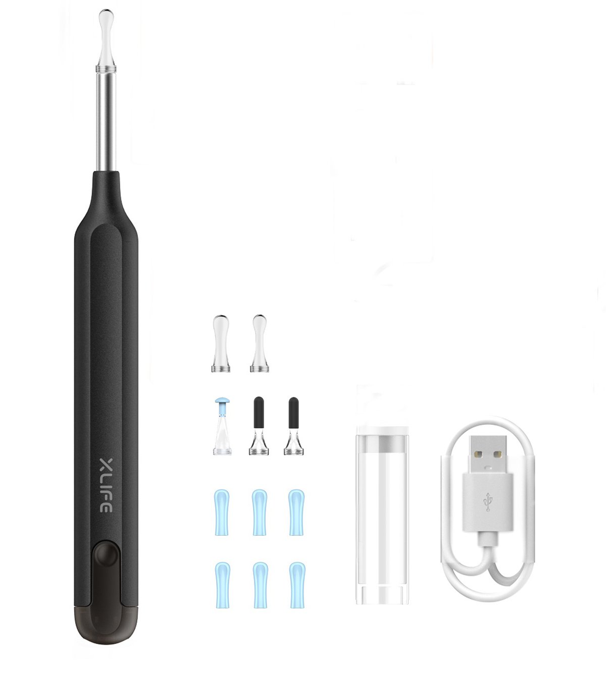 Black X1 EAR/BeBird otoscope with 21 tips, cover and charging cord.