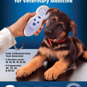 check a pets hearing with the EAR hearing screener tool. Image shows a vet using a pet hearing screener tool to check a dog's hearing. tool from earinc.com