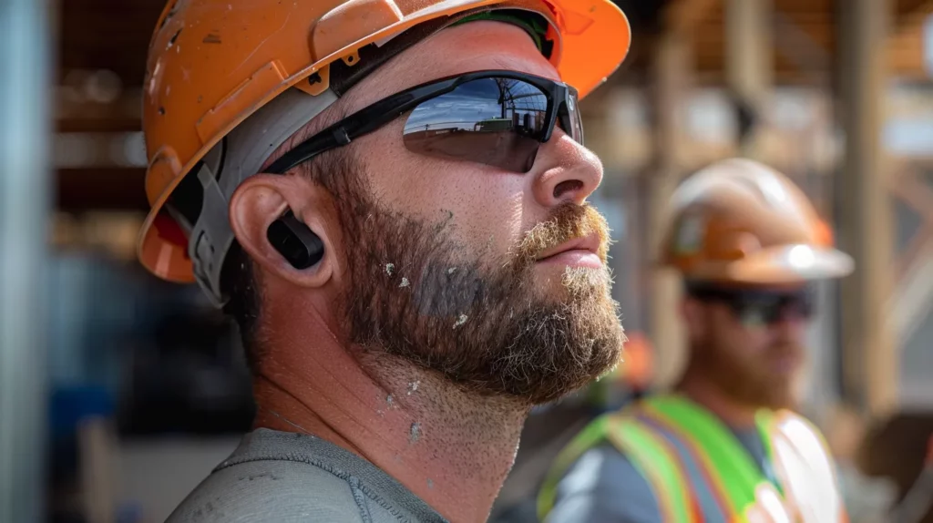 construction worker wearing protective bluetooth earplugs