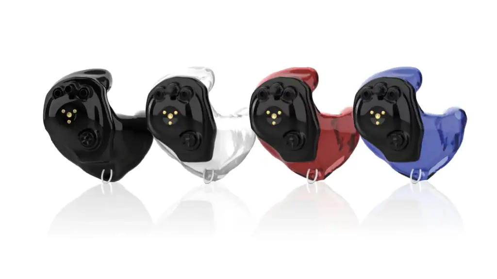 A picture of two different colored Soundgear Phantom customized hearing aids side by side for comparison.