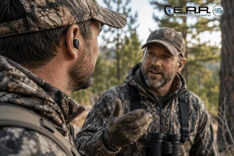 Hunters wearing digital hearing devices while communicating in the field and maintaining environmental awareness