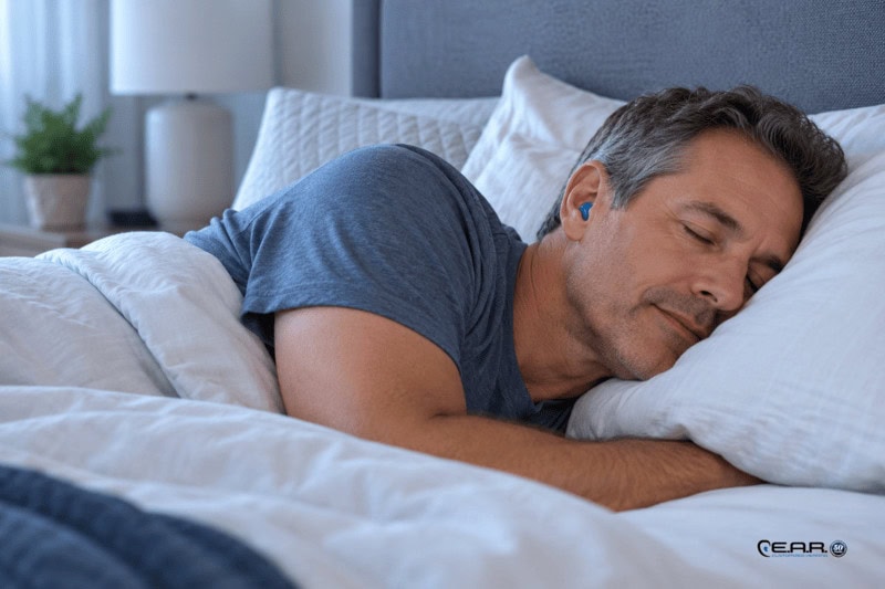 Side sleeper resting comfortably while wearing a low-profile custom sleep earplug.